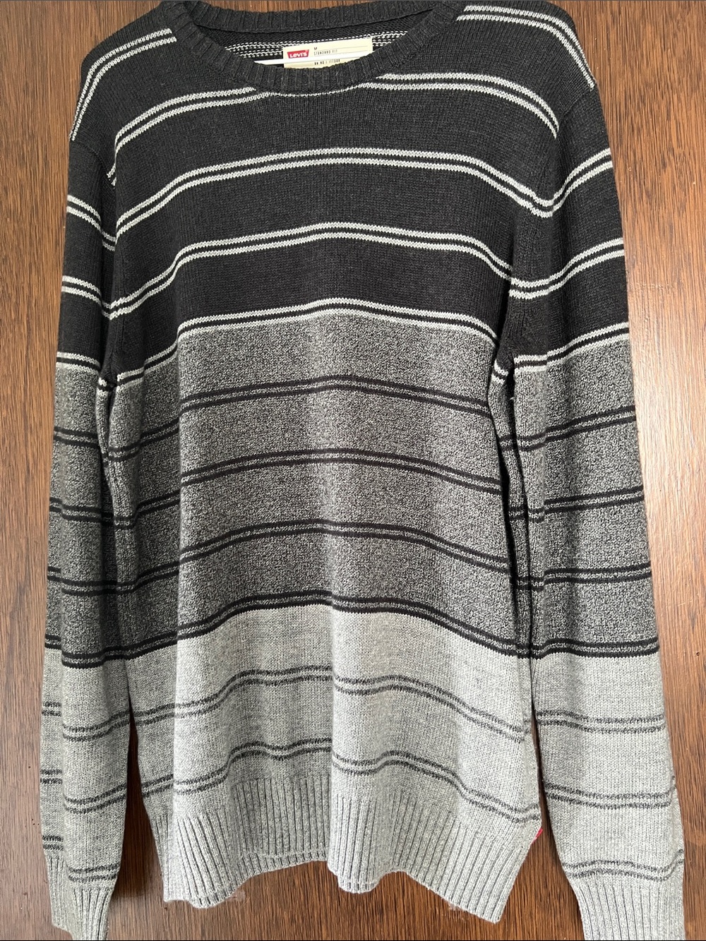 Levi's Men's Black and Gray Striped Crewneck Sweater